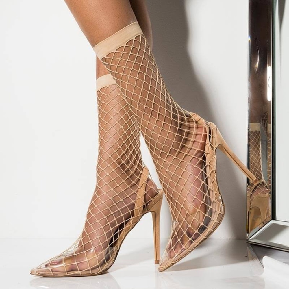 💚 Fishnet Stockings Clear PVC Slingback Heels